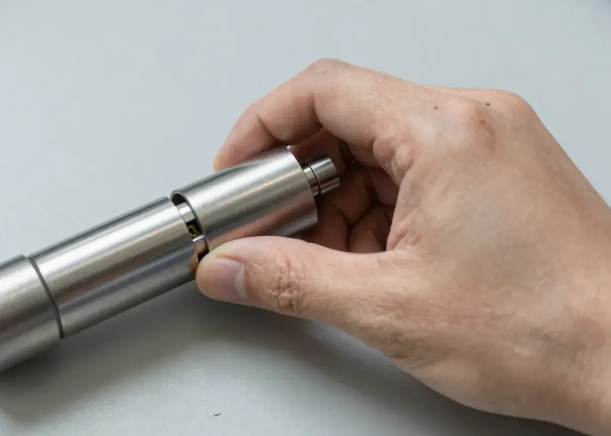 Finger halten einen silbern glänzenden Schließzylinder